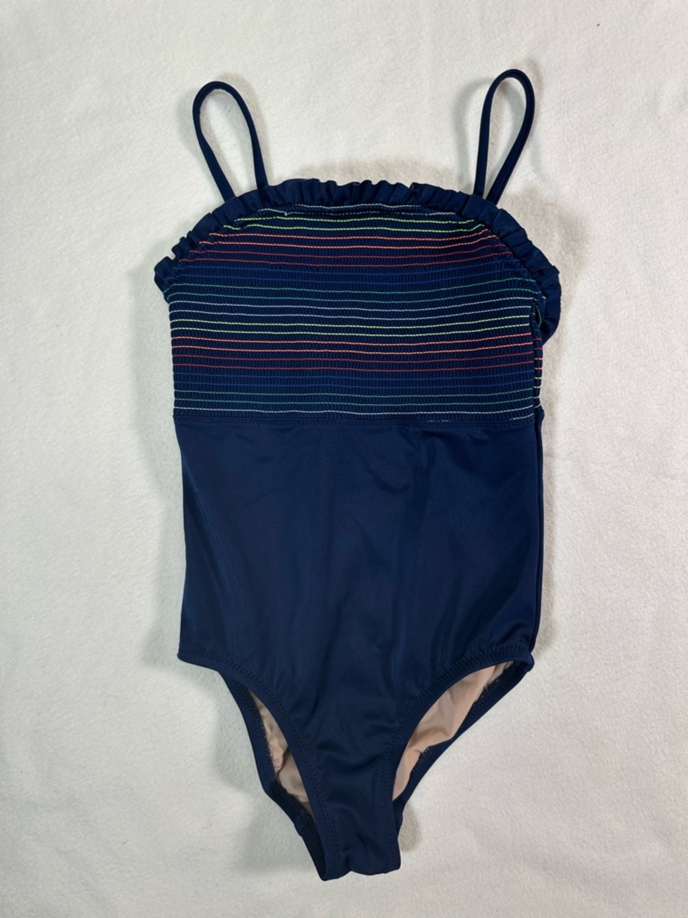 Crewcuts Girls’ Navy One-Piece Swimsuit Rainbow Stripes Ruffle Size 4-5